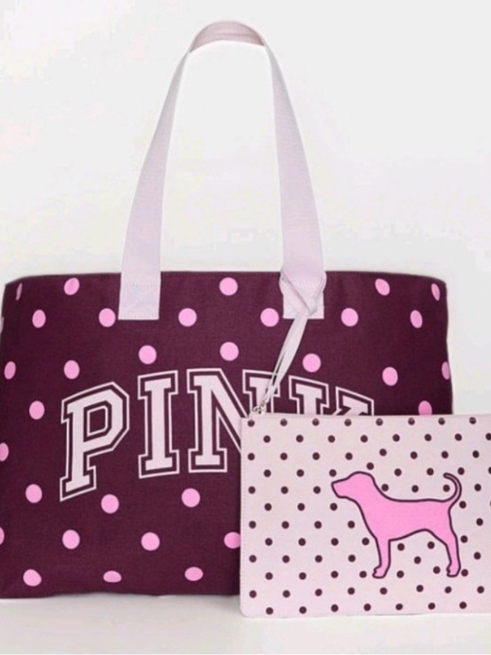 PINK Victoria's Secret Polka Dot Tote Bag with Pouch - Pink/Burgundy